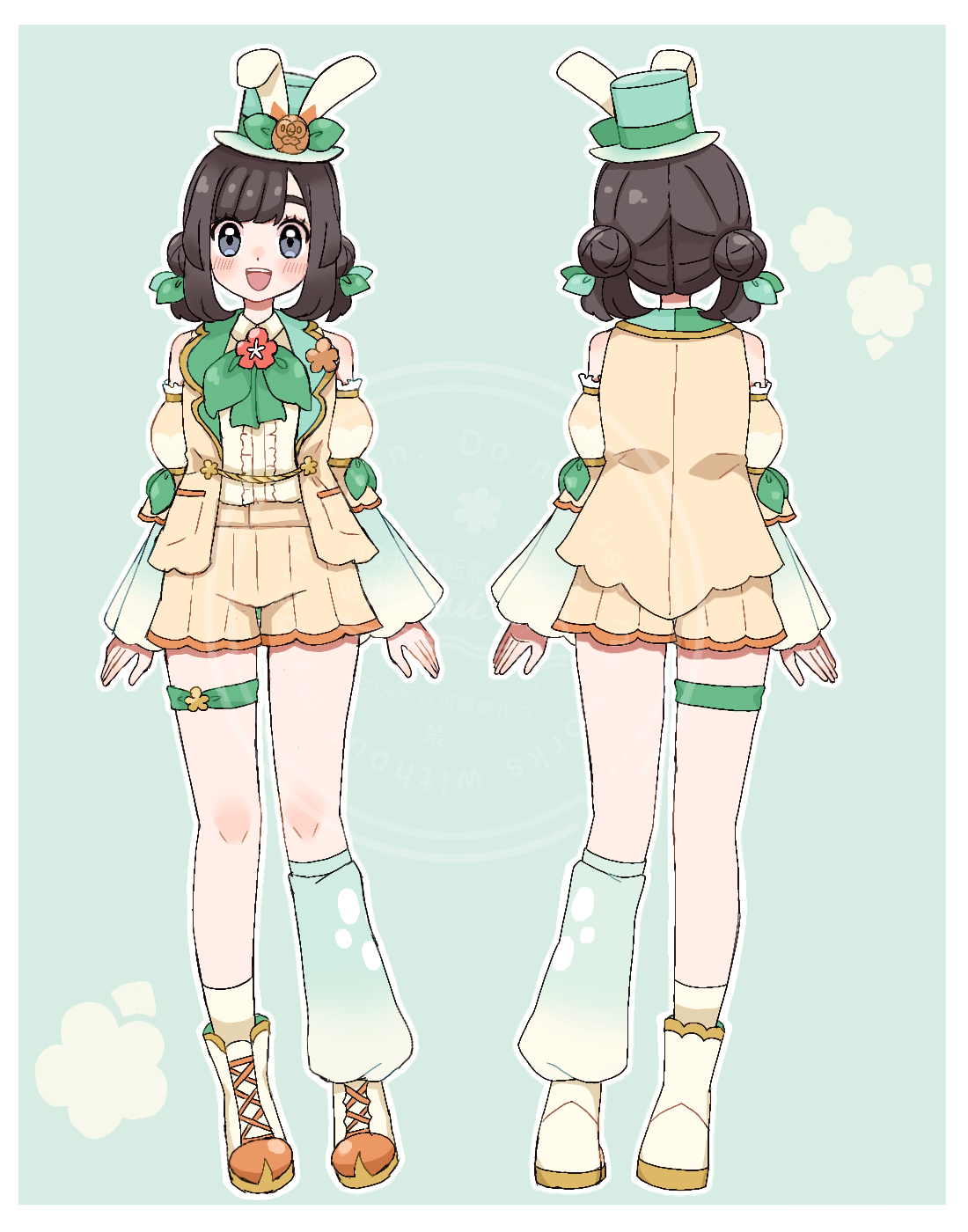 nemui o23, rowlet, selene (pokemon), nintendo, pokemon, pokemon sm, highres, 1girl, asymmetrical legwear, black eyes, black hair, blush, detached sleeves, double bun, gen 7 pokemon, hair bun, hat, leg warmers, long hair, long sleeves, looking at viewer, mini hat, mini top hat, open mouth, shirt, shorts, smile, thigh strap, top hat, yellow shirt, yellow shorts