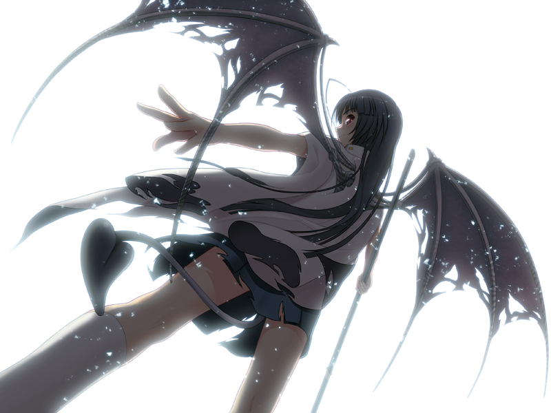 tsuji santa, oki kiki, nitroplus, sumaga, game cg, 1girl, black hair, dutch angle, female focus, from below, kneehighs, long hair, naginata, polearm, purple eyes, simple background, skirt, smile, socks, solo, tail, torn clothes, very long hair, weapon, white background, white socks, wings