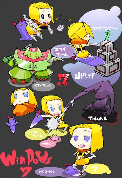 7-tan, microsoft windows, os-tan, windows 7, translation request, blonde hair, chibi, scarf, sword, weapon