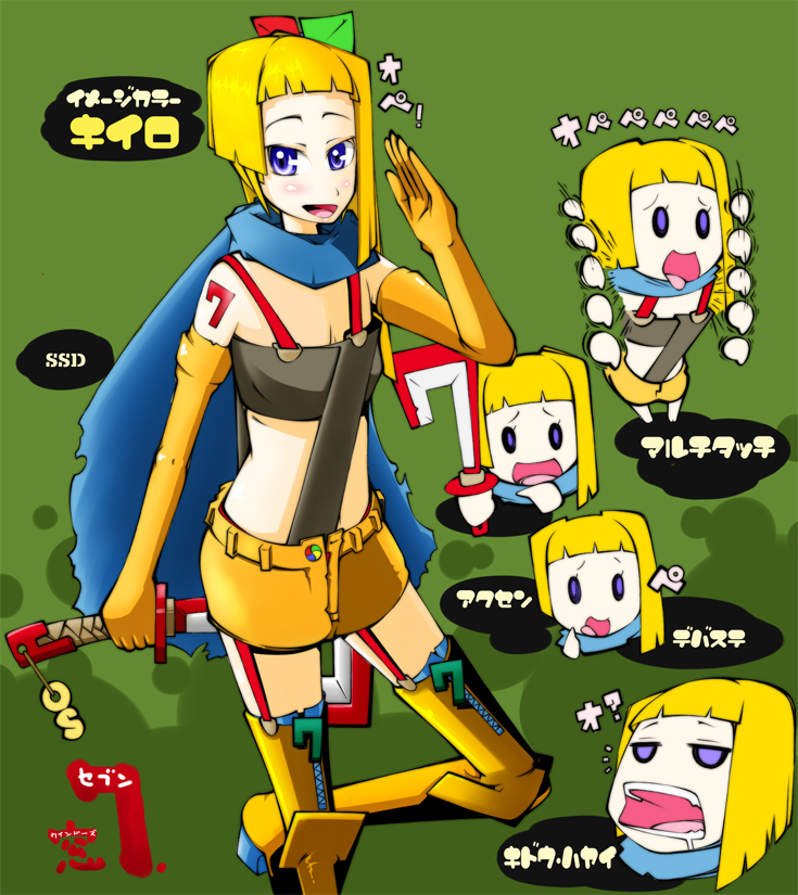 7-tan, microsoft windows, os-tan, windows 7, translation request, blonde hair, chibi, scarf, sword, thighhighs, weapon
