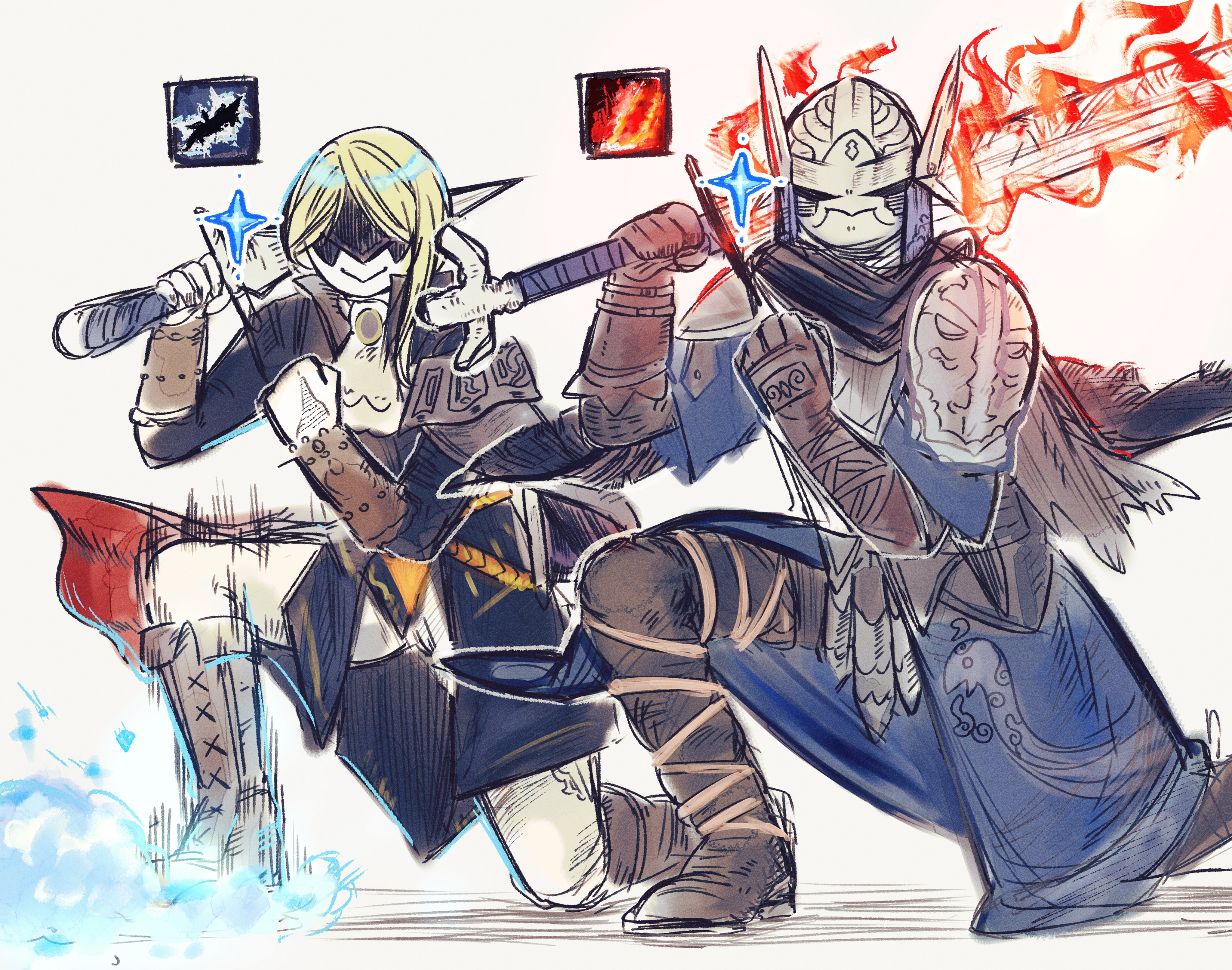duchess (elden ring), wylder (elden ring), elden ring, elden ring nightreign, absurdres, highres, 1boy, 1girl, armor, ascot, blindfold mask, blonde hair, blue surcoat, brother and sister, fire, gloves, hat, helmet, holding, holding weapon, long hair, mask, ponytail, rin nainai556, siblings, smile, weapon, white ascot, winged helmet
