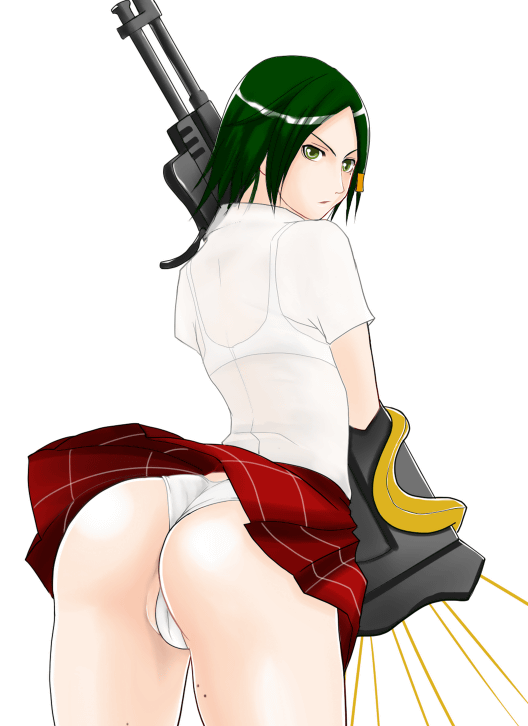 takada shinbashi, alicia (bullet witch), aq interactive, bullet witch, cavia, bad id, bad pixiv id, 1girl, ass, bra, cameltoe, female focus, green eyes, green hair, gun, lingerie, matching hair/eyes, panties, pantyshot, school uniform, see-through clothes, short hair, skirt, solo, underwear, upskirt, weapon, white panties