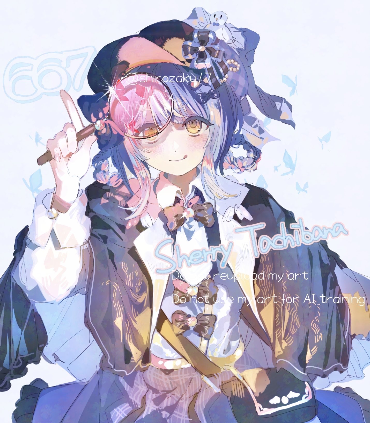 shirozakura, tachibana sherry, mahou shoujo no majo saiban, highres, 1girl, :q, black bow, blush, bow, bowtie, braid, braided hair rings, brown bow, bug, butterfly, capelet, closed mouth, collared shirt, english text, frills, hair rings, hat, hat bow, holding, holding magnifying glass, insect, long sleeves, looking at viewer, magnifying glass, shirt, simple background, skirt, smile, solo, tongue, tongue out, watermark, white background, white shirt, yellow eyes
