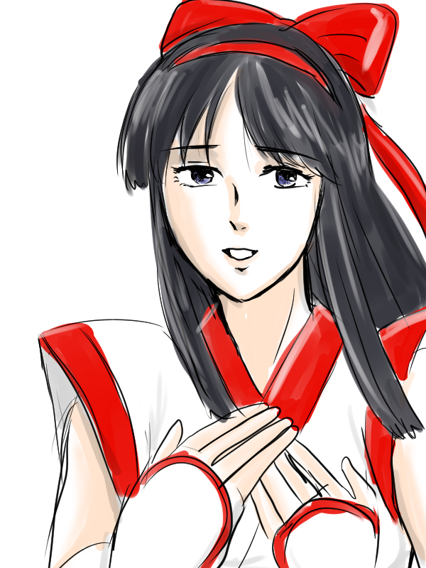 nakoruru, samurai spirits, snk, the king of fighters, highres, 1girl, ainu clothes, black hair, blue eyes, breasts, fingerless gloves, gloves, hair ribbon, hands on own chest, long hair, looking at viewer, parted lips, ribbon, small breasts, smle, solo, teeth
