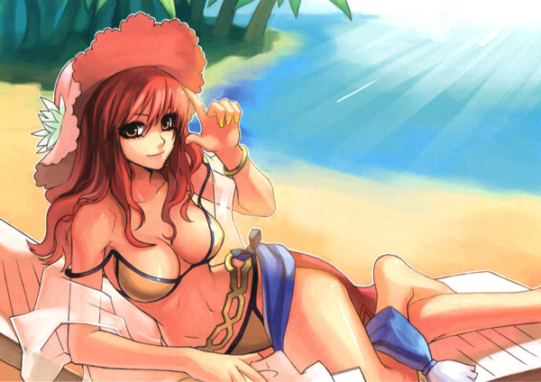 dancer (ragnarok online), ragnarok online, light, 1girl, beach, bikini, breasts, curly hair, dancer, day, female focus, hat, long hair, nail polish, outdoors, red hair, solo, straw hat, swimsuit, water, yellow nails