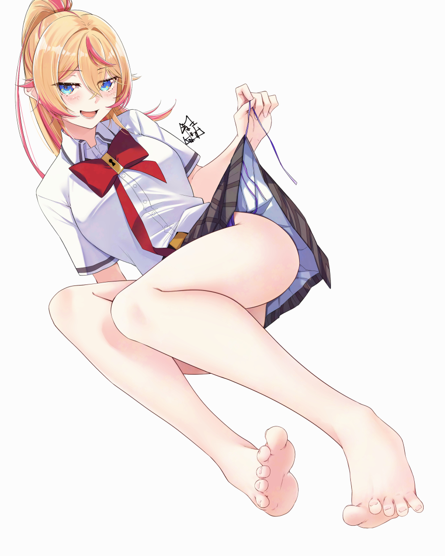 akira miku ver, original, 1girl, :d, bare legs, barefoot, blonde hair, blue eyes, blush, bow, bowtie, breasts, clothes lift, collared shirt, crossed bangs, feet, full body, hair between eyes, legs, long hair, looking at viewer, medium breasts, miniskirt, multicolored hair, open mouth, panties, plaid clothes, plaid skirt, pleated skirt, ponytail, purple panties, red bow, red bowtie, red hair, school uniform, shirt, short sleeves, simple background, skirt, skirt lift, smile, soles, solo, spread toes, streaked hair, thighs, toenails, toes, underwear, white background, white shirt