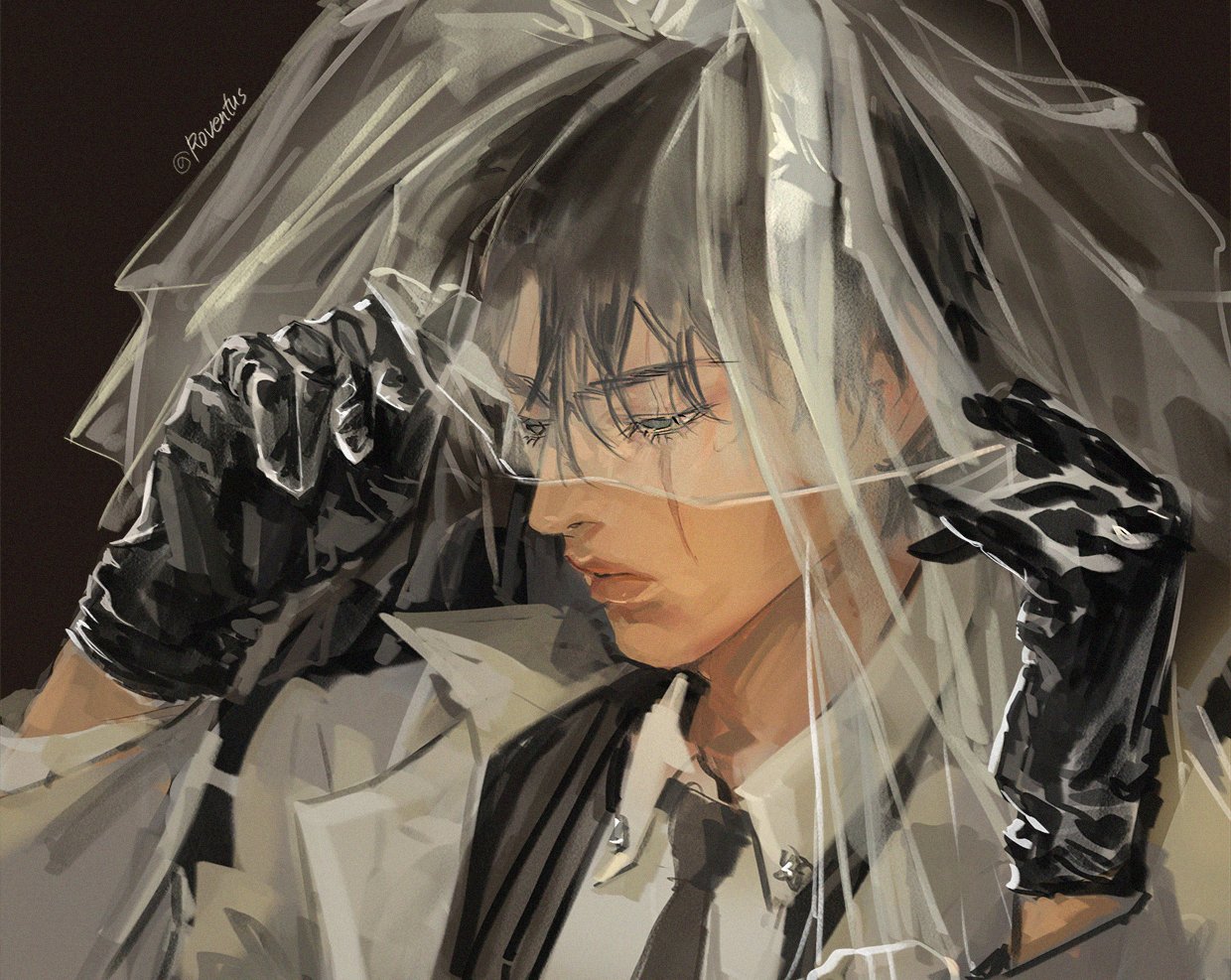 secretive plotter, omniscient reader's viewpoint, 1boy, black eyes, black gloves, black hair, black necktie, black vest, coat, collared shirt, exhausted, expressionless, gloves, hand up, holding veil, male focus, necktie, open clothes, popped collar, roventus, scar, scar across eye, scar on face, shirt, short hair, solo, upper body, veil, vest, white coat, white shirt