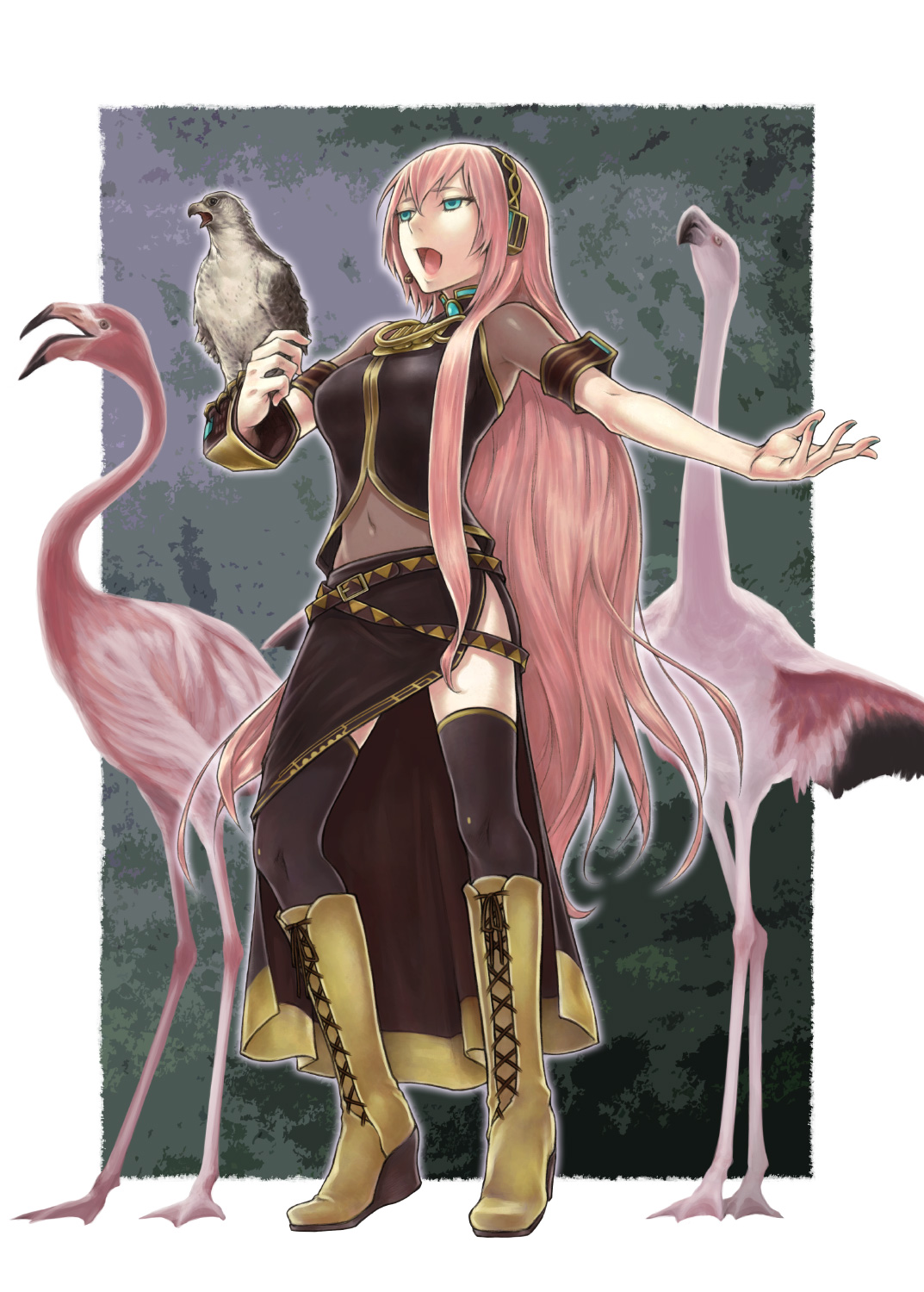 hanji (hansi), megurine luka, vocaloid, highres, 1girl, animal on arm, aqua eyes, bird, bird on arm, boots, eagle, female focus, flamingo, hawk, long hair, music, open mouth, pink hair, singing, solo, thigh boots, thighhighs