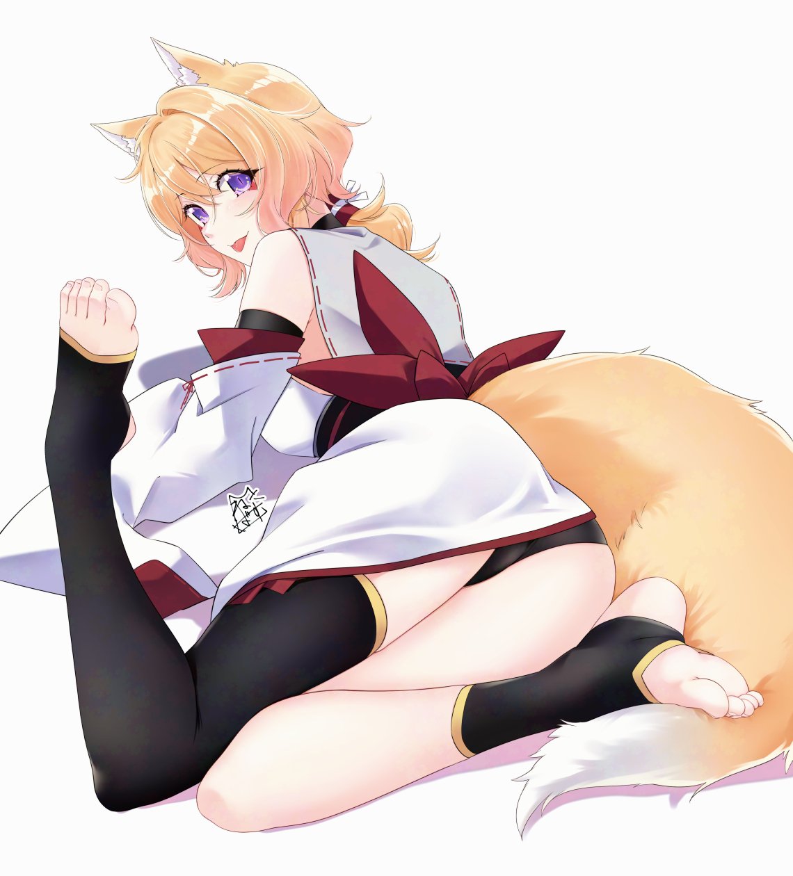akira miku ver, original, highres, 1girl, animal ear fluff, animal ears, ass, asymmetrical legwear, bare shoulders, black panties, black sash, blonde hair, breasts, detached sleeves, feet, foot up, fox ears, fox girl, fox tail, gold trim, hair between eyes, japanese clothes, kimono, knees together feet apart, legs, long hair, looking at viewer, looking back, lying, medium breasts, mismatched legwear, no shoes, obi, on ground, on stomach, panties, ponytail, purple eyes, sash, shadow, short kimono, signature, simple background, solo, stirrup legwear, tail, thighs, toeless legwear, toenails, toes, tongue, tongue out, underwear, wide sleeves