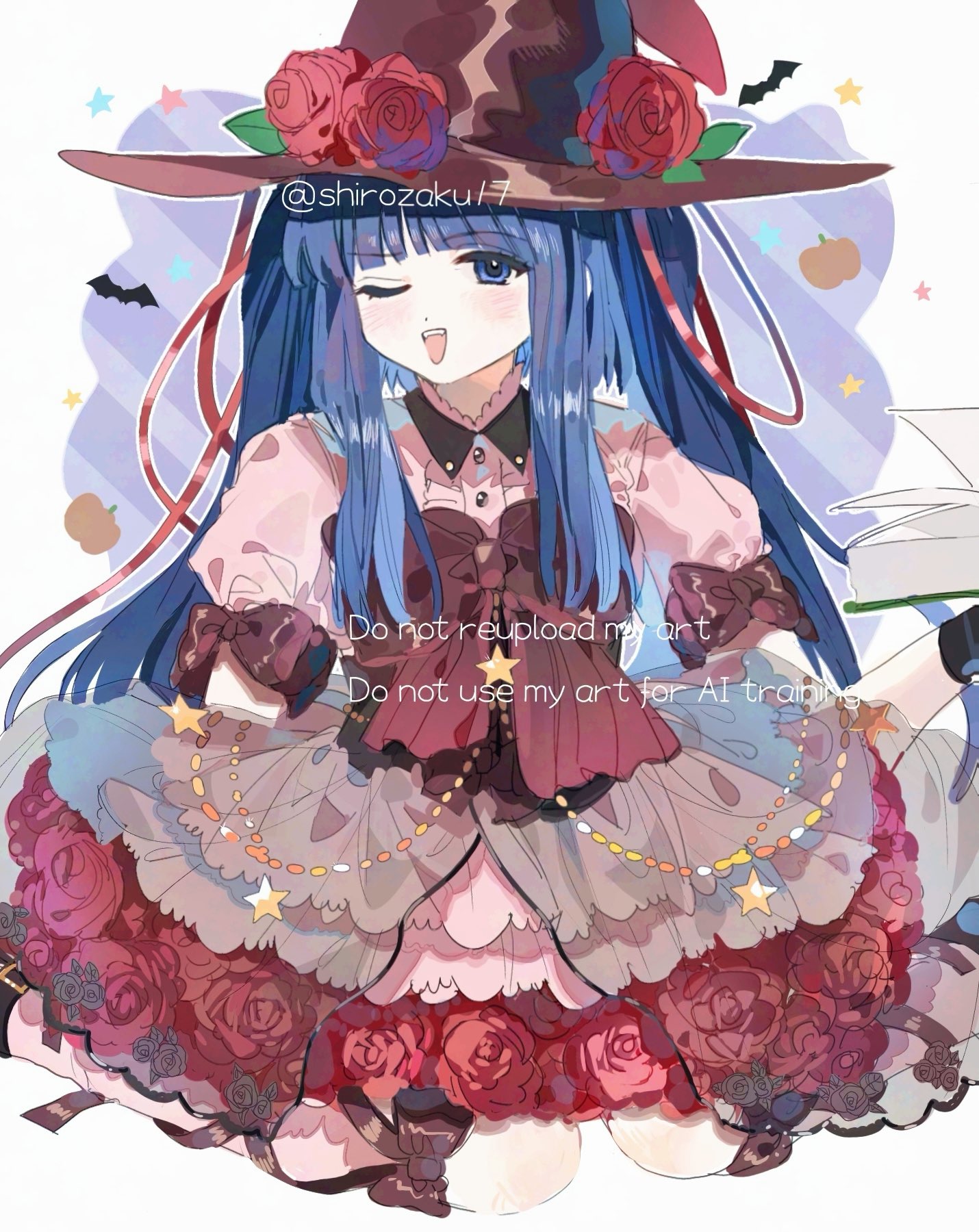 shirozakura, furudo erika, umineko no naku koro ni, highres, 1girl, blue eyes, blue hair, book, bow, collared shirt, dress, flower, frilled skirt, frills, hat, hat flower, holding, long hair, looking at viewer, one eye closed, open book, open mouth, puffy short sleeves, puffy sleeves, red bow, red flower, red rose, ribbon, rose, shirt, short sleeves, skirt, smile, solo, star (symbol), teeth, twintails, upper teeth only