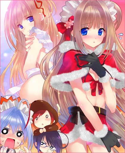 kasukabe akira, nao (otosuki), rio (otosuki), tomo (otosuki), yuki (otosuki), otoko no ko wa meido fuku ga osuki!?, 4boys, adjusting eyewear, ahoge, antenna hair, black gloves, black hair, blue eyes, blue hair, blush, bra, brown hair, capelet, cherry girl, christmas, glasses, gloves, lingerie, long hair, male focus, midriff, multiple boys, navel, o o, open mouth, panties, pink panties, red bra, red hair, santa costume, short hair, sweat, trap, underwear
