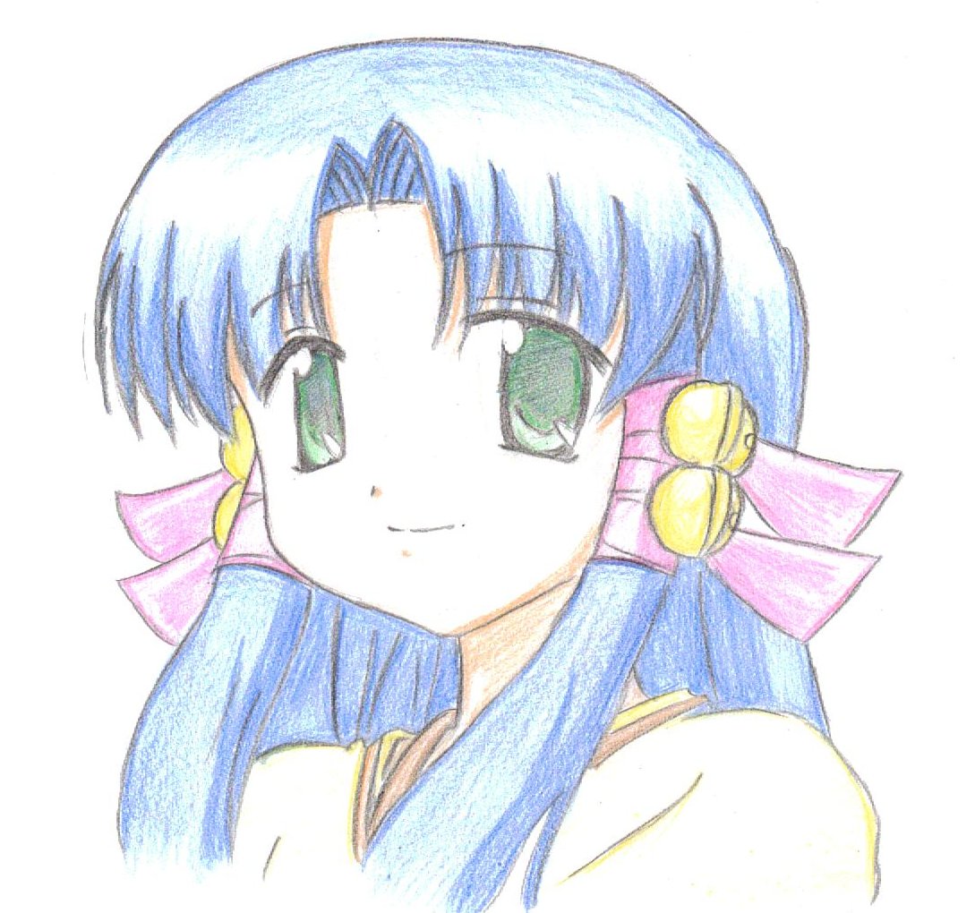 shiron, aoba kozue, mahoraba, traditional media, 00s, bell, blue hair, green eyes, hair ribbon, ribbon, solo