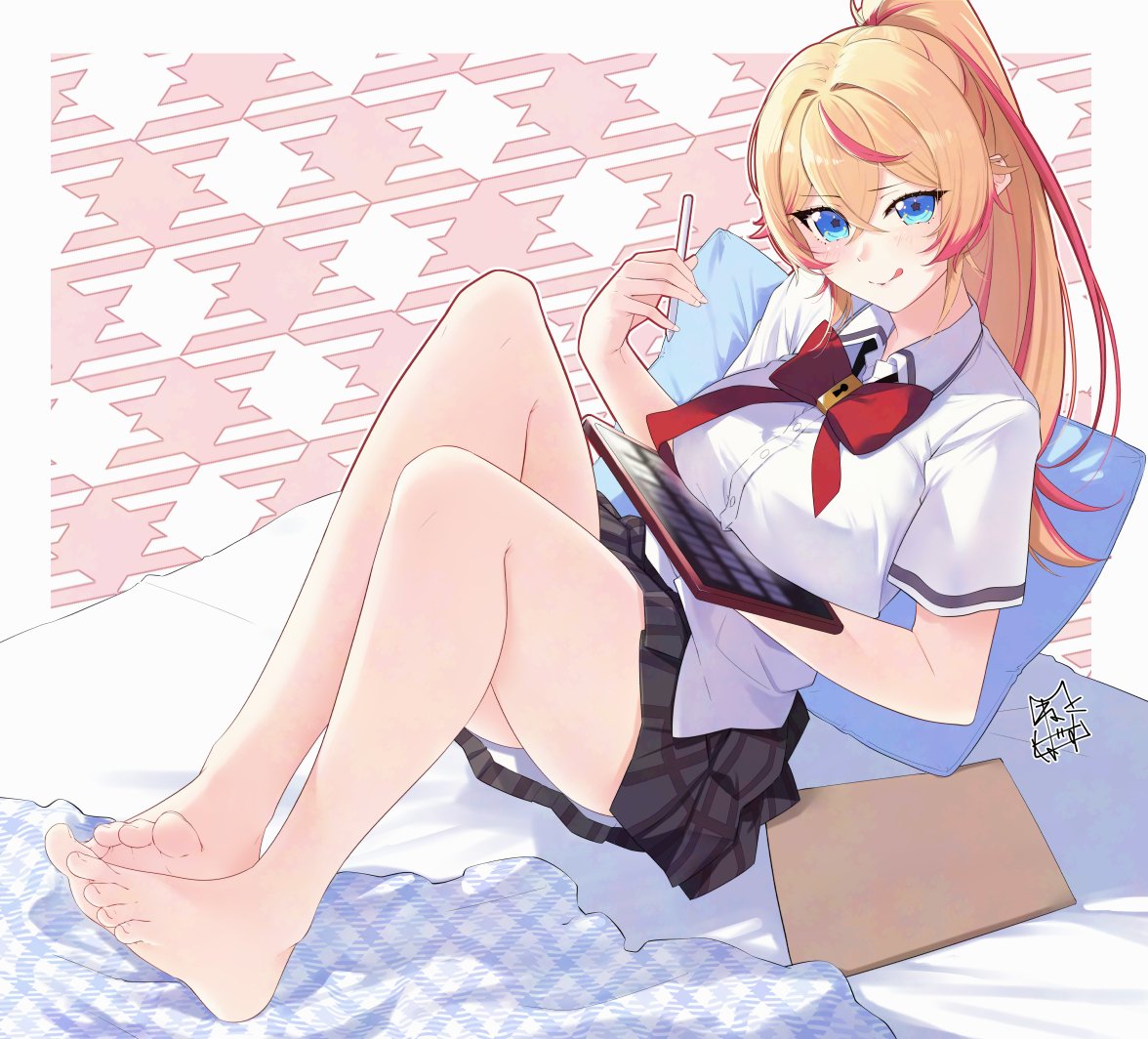 akira miku ver, original, 1girl, bare legs, barefoot, blonde hair, blue eyes, blush, bow, bowtie, breasts, collared shirt, crossed bangs, drawing tablet, feet, grey skirt, hair between eyes, knees up, large breasts, legs, legs together, licking lips, looking at viewer, miniskirt, multicolored hair, pink background, plaid clothes, plaid skirt, pleated skirt, ponytail, red bow, red bowtie, red hair, school uniform, shirt, short sleeves, sidelocks, signature, skirt, smile, solo, streaked hair, toenails, toes, tongue, tongue out, white background