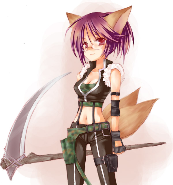 mofmof (sousa), fox (trickster), trickster (ntreev soft), 10s, 1girl, animal ears, belt, breasts, cleavage, female focus, fingerless gloves, fox ears, fox tail, glasses, gloves, medium breasts, midriff, navel, purple hair, red eyes, scythe, solo, standing, tail