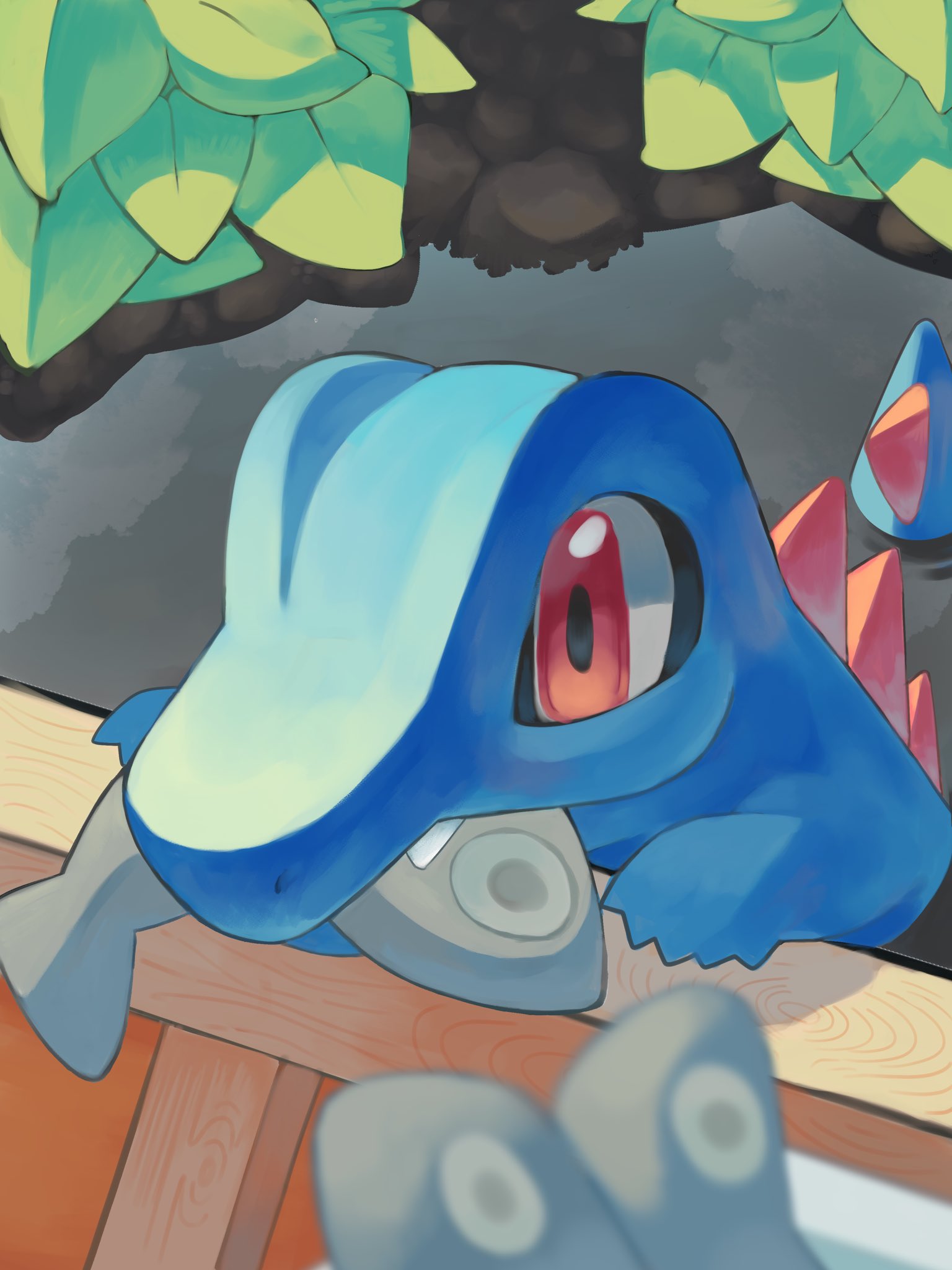 p9kfxaofqi54546, totodile, nintendo, pokemon, highres, fangs, fish, food in mouth, gen 2 pokemon, leaf, no humans, outdoors, pokemon (creature), pokemon focus, red eyes, sharp teeth, teeth, water