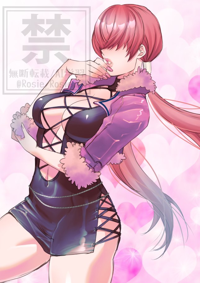 rosie rosie, shermie (kof), the king of fighters, 1girl, breasts, cleavage cutout, clothing cutout, curvy, dress, female focus, fishnets, fluffy, hands up, heart, huge breasts, jacket, large breasts, long hair, no bra, pale skin, ponytail, red hair, skirt, standing, thick lips, thick thighs, thighs, twintails, wide hips
