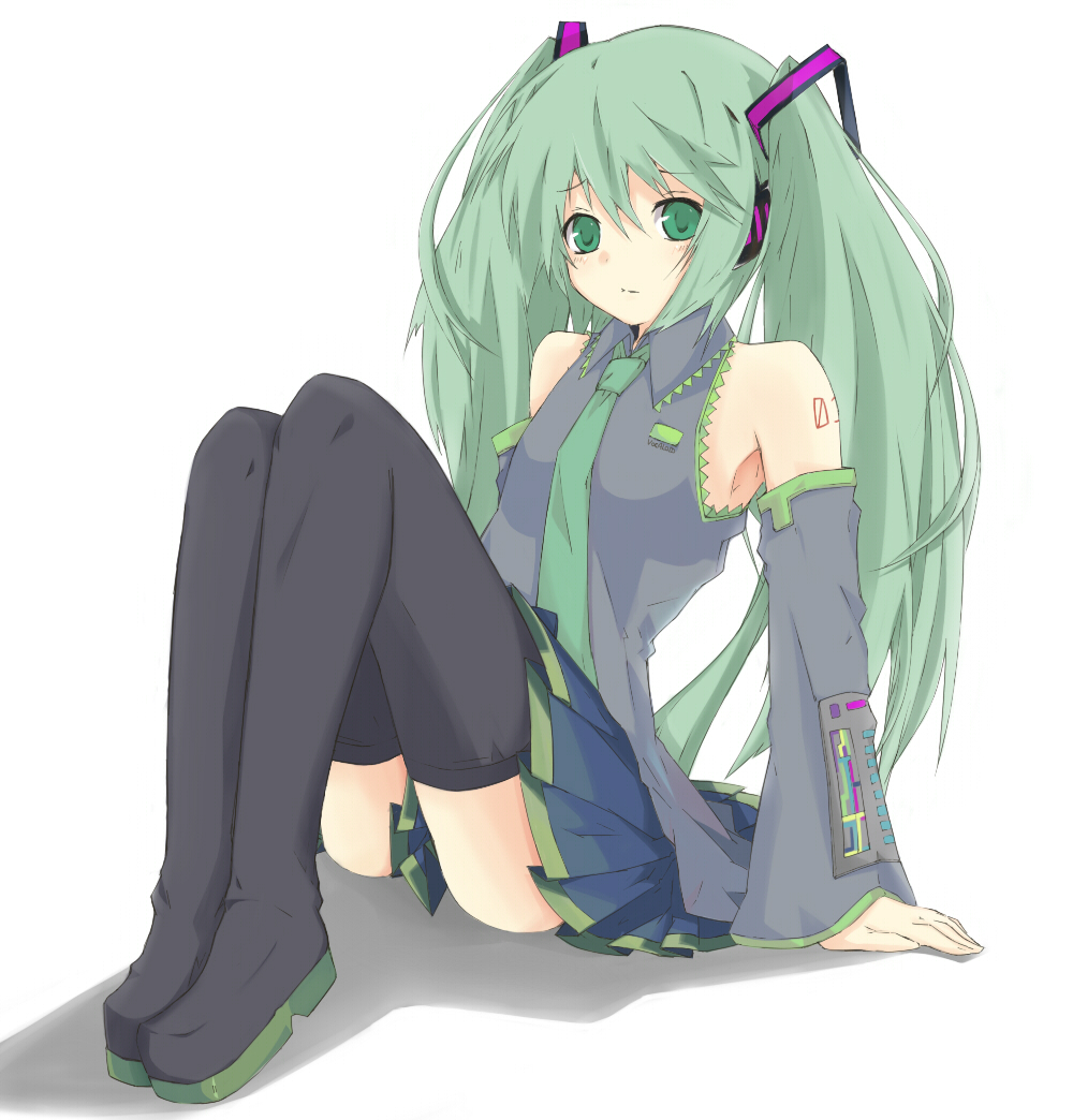 kitsune (artist), kitsune (scaz), hatsune miku, vocaloid, boots, detached sleeves, green eyes, green hair, headset, long hair, necktie, shirt, skirt, sleeveless, sleeveless shirt, solo, thigh boots, thighhighs, twintails