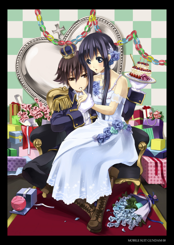 sora yuuhi, haro, marina ismail, setsuna f. seiei, gundam, gundam 00, bad id, bad pixiv id, 00s, 1boy, 1girl, black border, boots, border, bouquet, cake, chair, choker, crown, dress, flower, food, fruit, gift, gloves, heart, pastry, plate, sitting, strawberry, white gloves