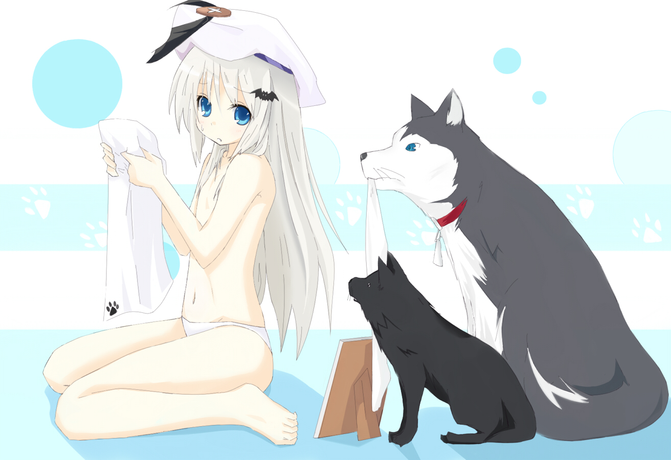 kitsune (artist), kitsune (scaz), noumi kudryavka, strelka (little busters!), little busters!, silver hair, 1girl, animal, barefoot, beret, blue eyes, buttons, dog, female focus, flat chest, hair ornament, hairclip, hat, large buttons, long hair, panties, solo, topless female, underwear, white panties