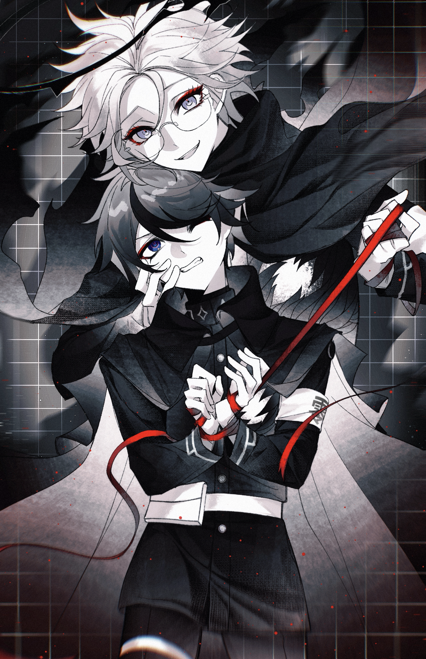 aotsuki eito, sumino takumi, the hundred line -last defense academy-, absurdres, highres, spoilers, 2boys, armband, belt, blue eyes, bound, bound wrists, cape, chun yan, clenched teeth, cloak, evil smile, eyeliner, gakuran, glasses, greyscale, halo, hand on another's face, holding, holding ribbon, jacket, last defense academy school uniform, looking at viewer, makeup, male focus, monochrome, multicolored hair, multiple boys, official alternate hairstyle, one eye closed, pants, red eyeliner, red ribbon, ribbon, ringed eyes, school uniform, short hair, smile, spot color, streaked hair, teeth, yaoi