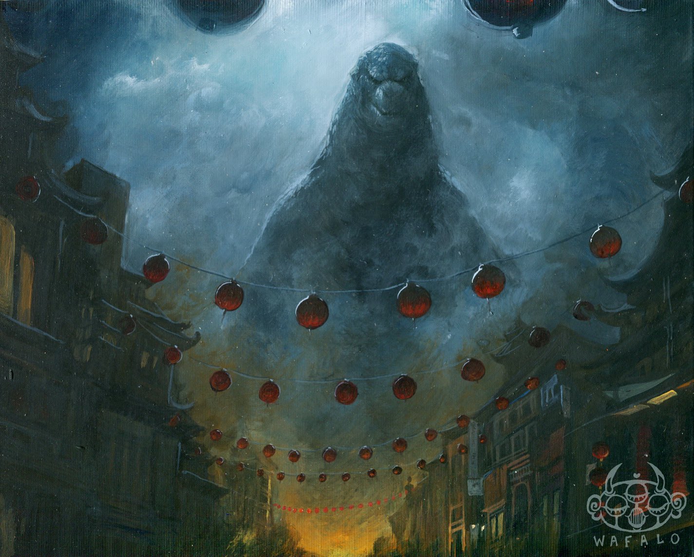 wafalo, godzilla, godzilla (series), acrylic paint (medium), painting (medium), traditional media, architecture, artist logo, artist name, east asian architecture, giant, giant monster, kaiju, lantern, logo, monster, monster focus, no humans, paper lantern, upper body