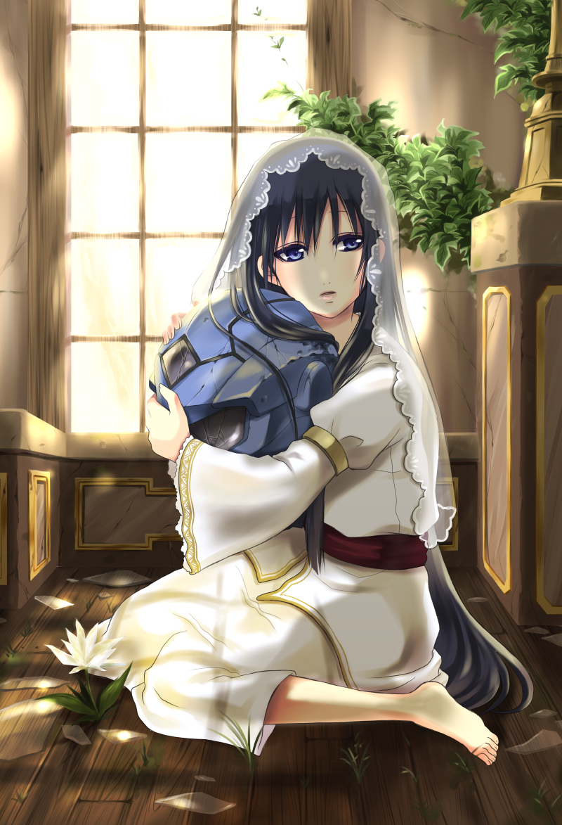 sora yuuhi, marina ismail, gundam, gundam 00, looking away, bad id, bad pixiv id, 00s, 1girl, armlet, crack, cracked wall, day, expressionless, female focus, flower, full body, helmet, indoors, jewelry, kneeling, long hair, plant, see-through clothes, sitting, solo, veil, very long hair, wooden floor
