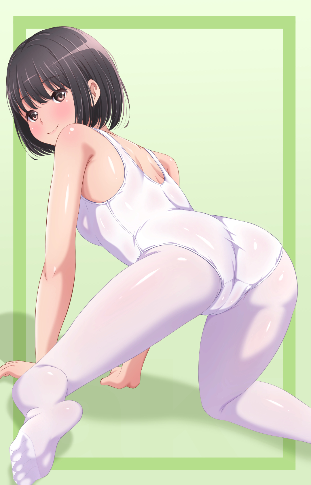 original, commentary request, highres, 1girl, akippoi 0919, all fours, ass, black hair, breasts, brown eyes, green background, looking at viewer, looking back, one-piece swimsuit, pantyhose, school swimsuit, short hair, small breasts, smile, solo, swimsuit, two-tone background, white one-piece swimsuit, white pantyhose