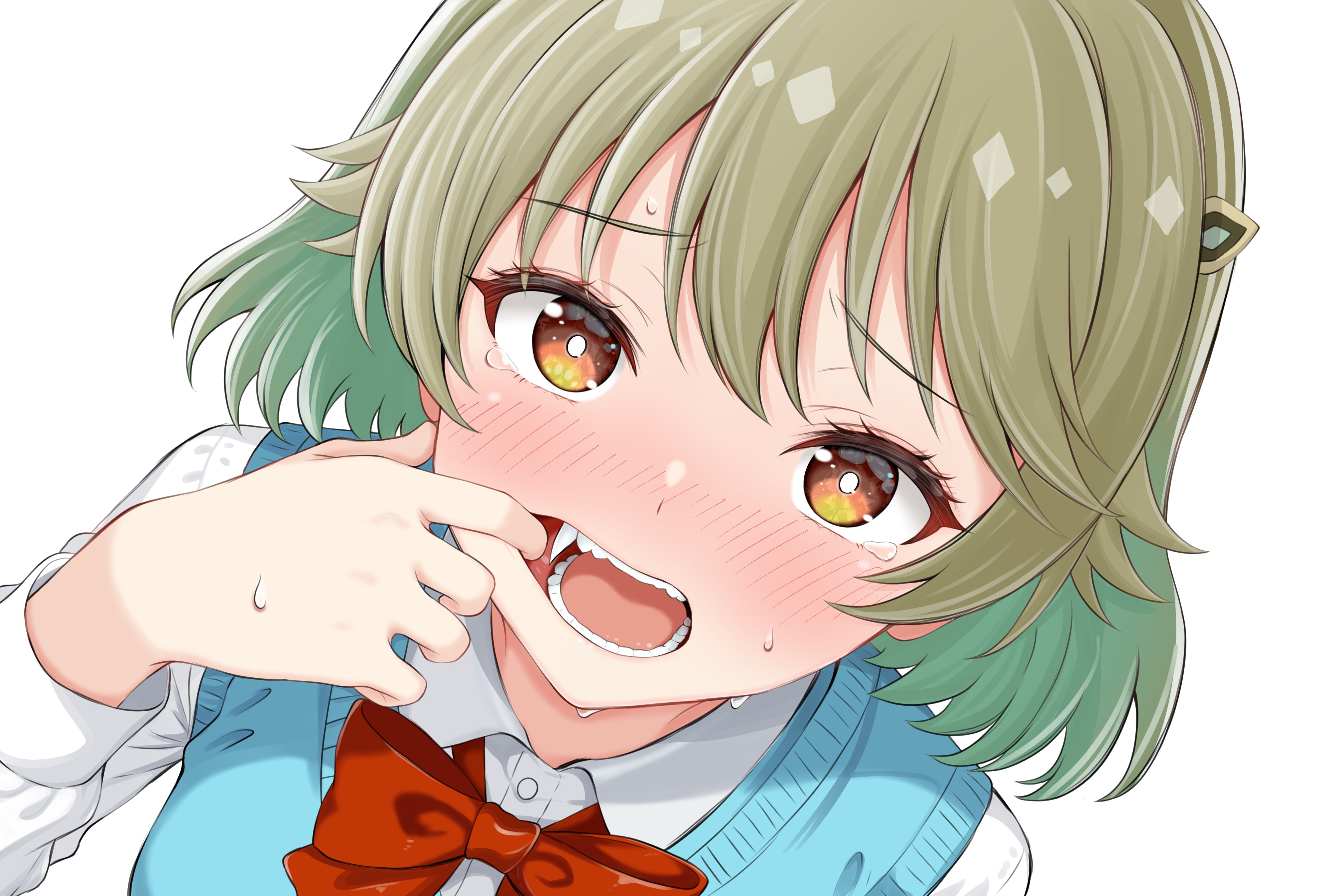 koorizatou82, nagareboshi asche, dragon musume ni naritakunai!, duel masters, absurdres, highres, 1girl, aqua hair, aqua sweater vest, blush, bow, bowtie, colored inner hair, fang, finger in own mouth, green hair, hair ornament, medium hair, multicolored hair, open mouth, red bow, red bowtie, shirt, solo, sweatdrop, sweater vest, tears, teeth, upper body, white background, white shirt, yellow eyes