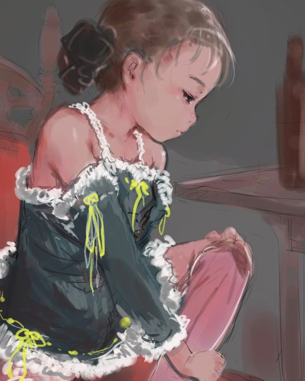 np (slipbounds), original, 1girl, bare shoulders, black eyes, brown hair, detached sleeves, dress, female focus, frills, kneehighs, loli, ribbon, short hair, sitting, socks, solo