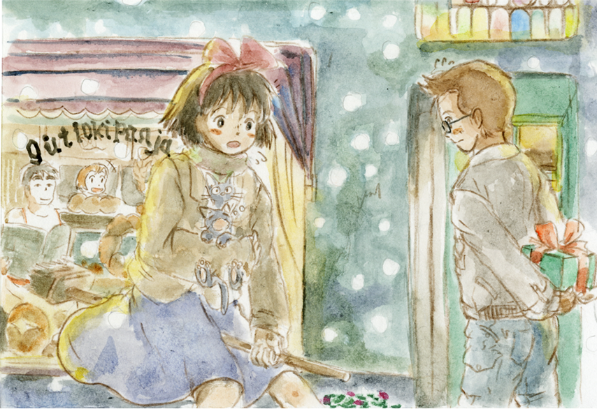 jiji (majo no takkyuubin), kiki (majo no takkyuubin), tombo (majo no takkyuubin), majo no takkyuubin, studio ghibli, 1980s (style), blush, bow, broom, broom riding, brown hair, cat, gift, glasses, hair bow, hairband, oldschool, retro artstyle