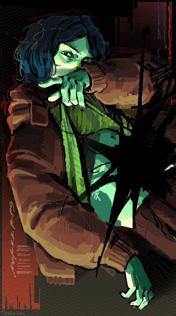 coat guy (no i'm not a human), no i'm not a human, 1boy, black eyes, blue hair, brown jacket, clothes lift, colored skin, convenient censoring, covering own mouth, green skin, hole in chest, hole on body, jacket, looking at viewer, male focus, markkrpg, movie poster, pointing, shirt lift, short hair, solo, torn paper, turtleneck