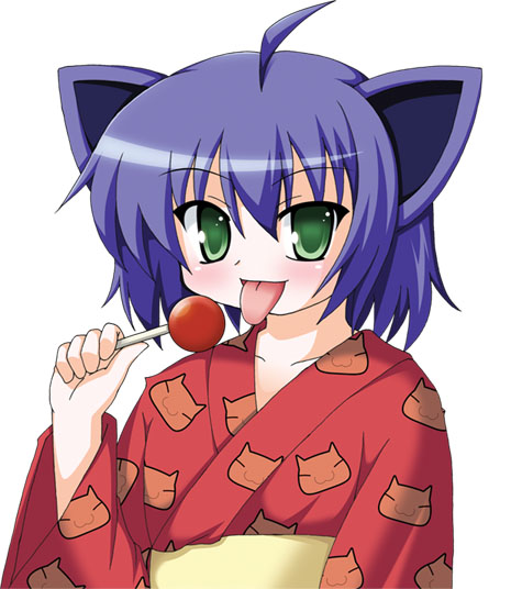 narumi aoi, midarezaki kyouka, kyouran kazoku nikki, 00s, 1girl, ahoge, animal ears, candy, candy apple, cat ears, female focus, food, green eyes, japanese clothes, kimono, licking, lollipop, purple hair, quality, red kimono, short hair, solo, tongue, yukata