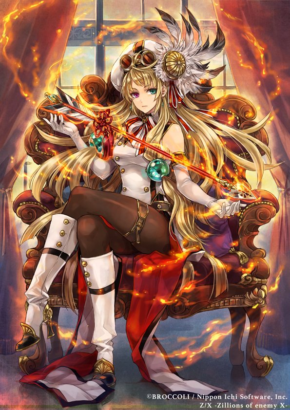 gandiva (z/x), z/x, official art, 1girl, arrow (symbol), blonde hair, boots, chair, closed mouth, copyright notice, crossed legs, curtains, earrings, elbow gloves, fire, gloves, goggles, goggles on headwear, green eyes, hair ornament, hat, hat feather, heterochromia, high heel boots, high heels, indoors, jewelry, long hair, on chair, pantyhose, purple eyes, shirt, sitting, solo, thigh strap, very long hair, white boots, white gloves, white hat, white shirt, window