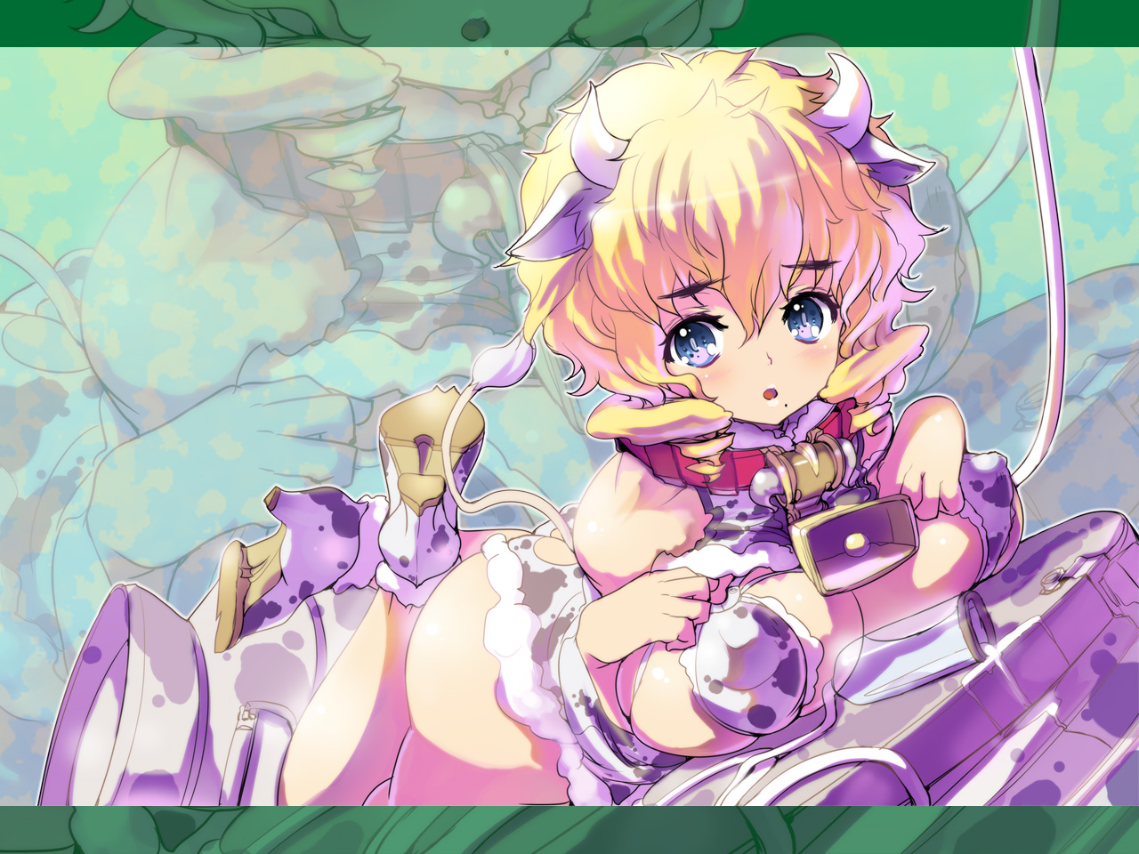 akaga hirotaka, original, fur, 00s, 1girl, 2009, :o, animal ears, animal print, ass, bell, bikini, blonde hair, blue eyes, blush, breast press, breast suppress, breasts, butt crack, cleavage, collar, covered erect nipples, cow ears, cow print, cow tail, cowbell, female focus, high heels, horns, huge ass, huge breasts, lying, milk, milking machine, mole, mole under mouth, neck bell, new year, on stomach, open mouth, shoes, short hair, sitting, solo, spill, swimsuit, tail, women livestock, zoom layer