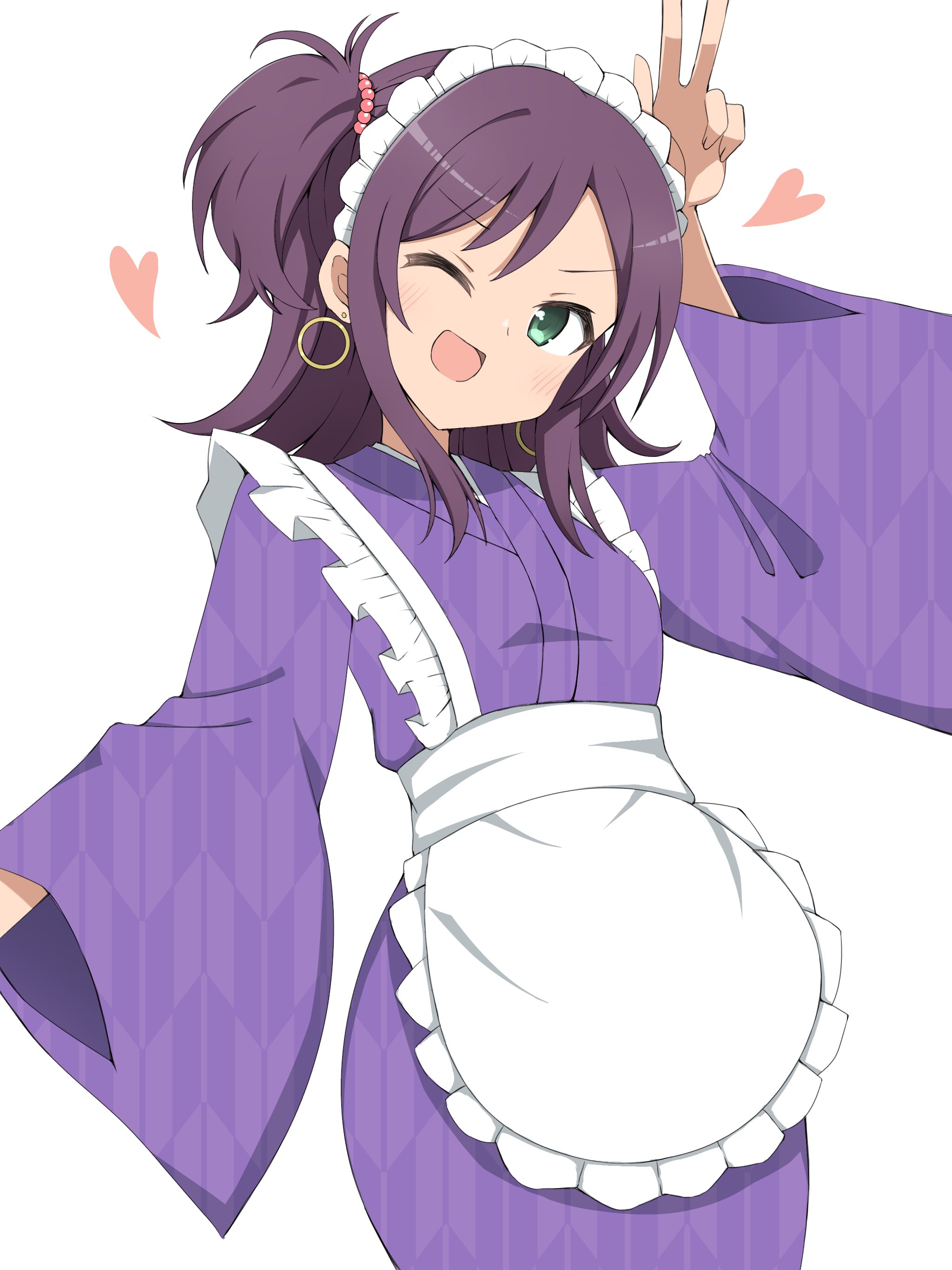 midorima bocchi, katsuta satoko, high school fleet, absurdres, highres, 1girl, alternate costume, apron, earrings, enmaided, frilled apron, frills, green eyes, hoop earrings, japanese clothes, jewelry, kimono, long hair, looking at viewer, maid, maid headdress, one eye closed, one side up, purple hair, purple kimono, simple background, smile, solo, v, wa maid, white apron, white background, yagasuri