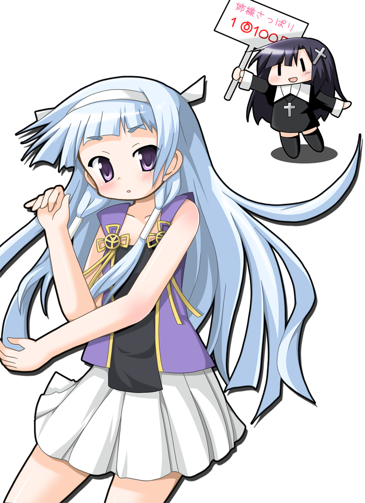 narumi aoi, nagi, zange, kannagi, 00s, 2girls, blue hair, chibi, hair tubes, hairband, long hair, multiple girls, pleated skirt, purple eyes, sign, skirt, white skirt
