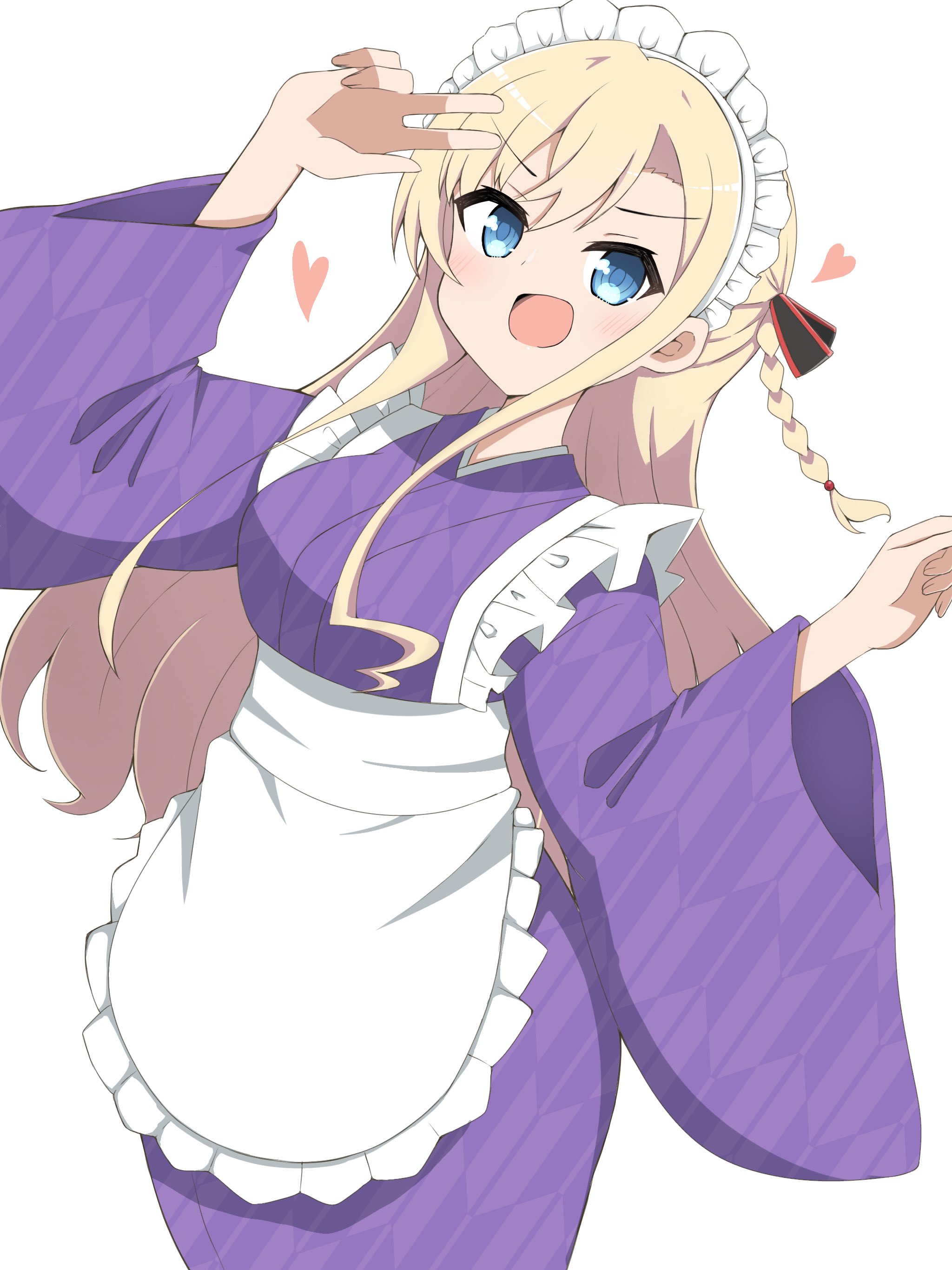 midorima bocchi, wilhelmina braunschweig ingenohl friedeburg, high school fleet, absurdres, highres, 1girl, alternate costume, apron, blue eyes, braid, brown hair, enmaided, frilled apron, frills, half updo, japanese clothes, kimono, long hair, looking at viewer, maid, maid headdress, one eye closed, open mouth, purple kimono, simple background, smile, solo, twin braids, v, wa maid, white apron, white background, yagasuri