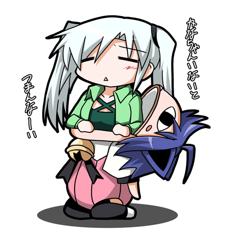 narumi aoi, kemeko, kemeko (kemeko deluxe), midarezaki chika, tomatsu haruka, kemeko deluxe, kyouran kazoku nikki, silver hair, lowres, translation request, 1girl, chibi, female focus, parody, solo, twintails, voice actor connection
