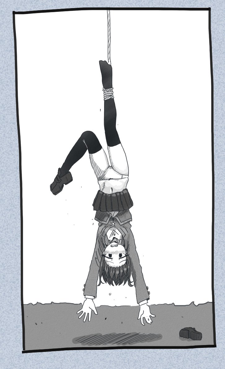 hamsterfragment, shinohata sachie (hamsterfragment), original, 1girl, blush, navel, panties, scar, school uniform, solo, thighhighs, underwear, upside-down