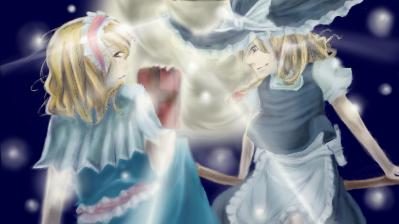gyoh, alice margatroid, kirisame marisa, touhou, 2girls, blonde hair, book, braid, broom, female focus, grimoire, grimoire of alice, hairband, hat, multiple girls, witch, witch hat