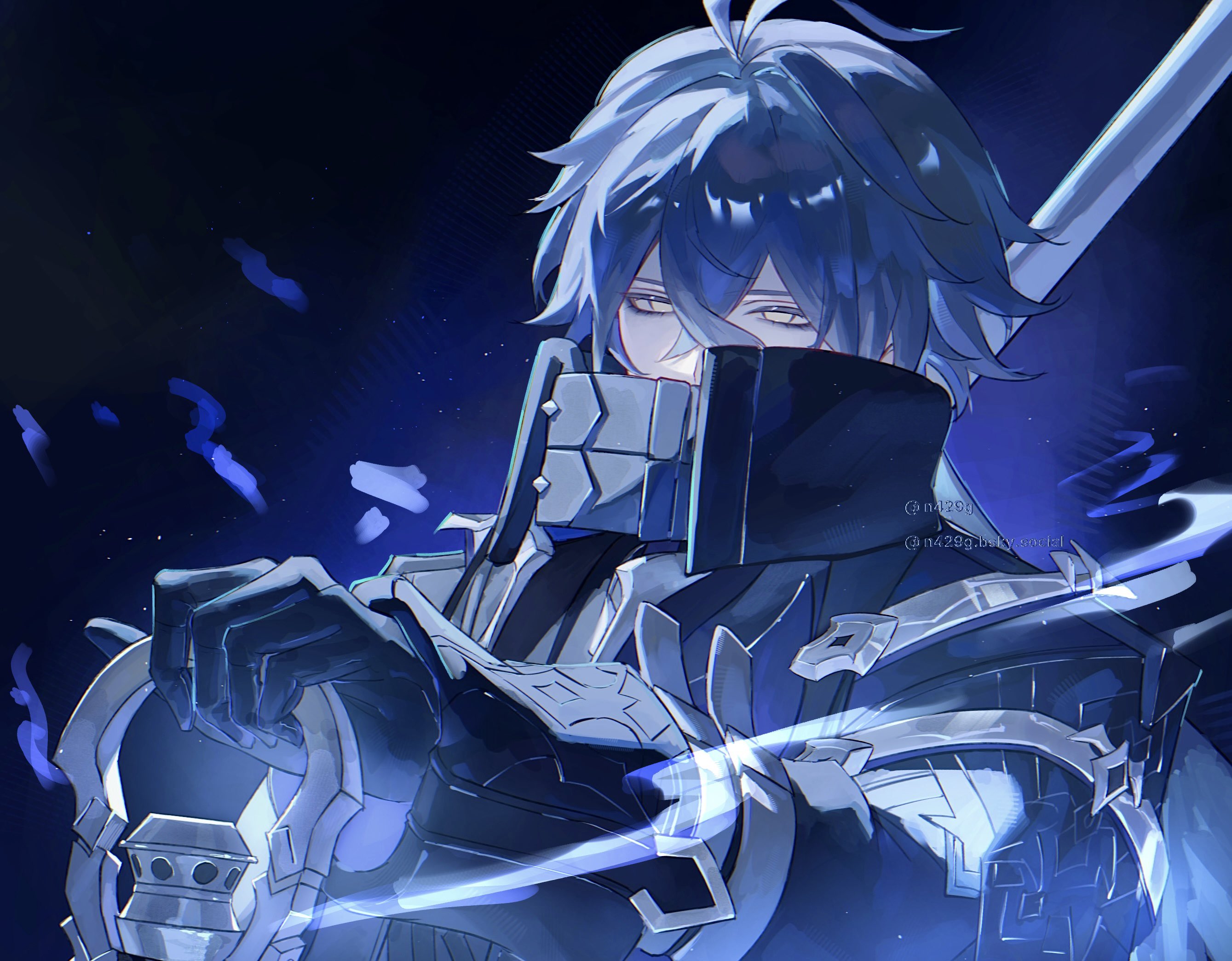 neglow, flins (genshin impact), genshin impact, hashtag-only commentary, highres, 1boy, antenna hair, artist name, black capelet, black coat, black gloves, blue fire, blue hair, bluesky username, capelet, coat, collared capelet, covered mouth, crossed bangs, fire, gloves, gradient hair, hair between eyes, hand up, holding, holding lantern, holding polearm, holding weapon, lantern, long hair, long sleeves, male focus, multicolored hair, outstretched arm, polearm, purple shirt, shirt, sleeve cuffs, solo, twitter username, upper body, weapon, yellow eyes