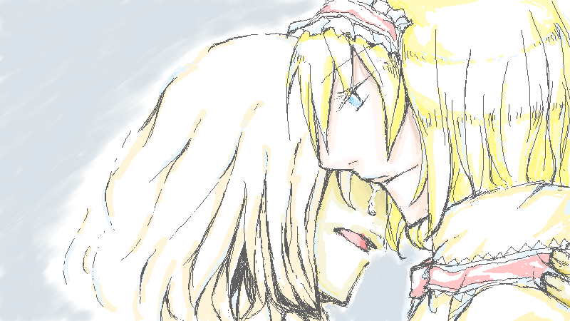 gyoh, alice margatroid, kirisame marisa, touhou, 2girls, bad anatomy, blonde hair, blue eyes, female focus, hairband, multiple girls, oekaki, poorly drawn, tears