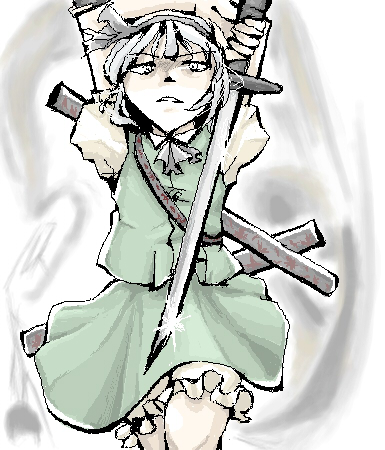 gyoh, konpaku youmu, konpaku youmu (ghost), touhou, lowres, 1girl, female focus, hairband, hitodama, katana, oekaki, solo, sword, weapon, white hair
