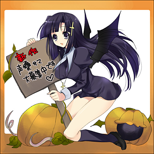 kumatora tatsumi, zange, kannagi, lowres, 00s, 1girl, :o, black eyes, black socks, female focus, food, full body, hair ornament, hairpin, heart, holding, holding sign, kneehighs, kneeling, looking at viewer, open mouth, pumpkin, purple hair, sign, simple background, socks, solo, text focus, vegetable, white background