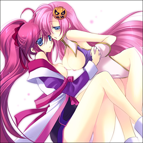 kumatora tatsumi, lacus clyne, meer campbell, gundam, gundam seed, gundam seed destiny, lowres, 00s, 2girls, blue eyes, blush, breasts, food-themed hair ornament, hair ornament, hair ribbon, highleg, japanese clothes, large breasts, leotard, long hair, multiple girls, panties, pink hair, pumpkin hair ornament, ribbon, underwear, yuri