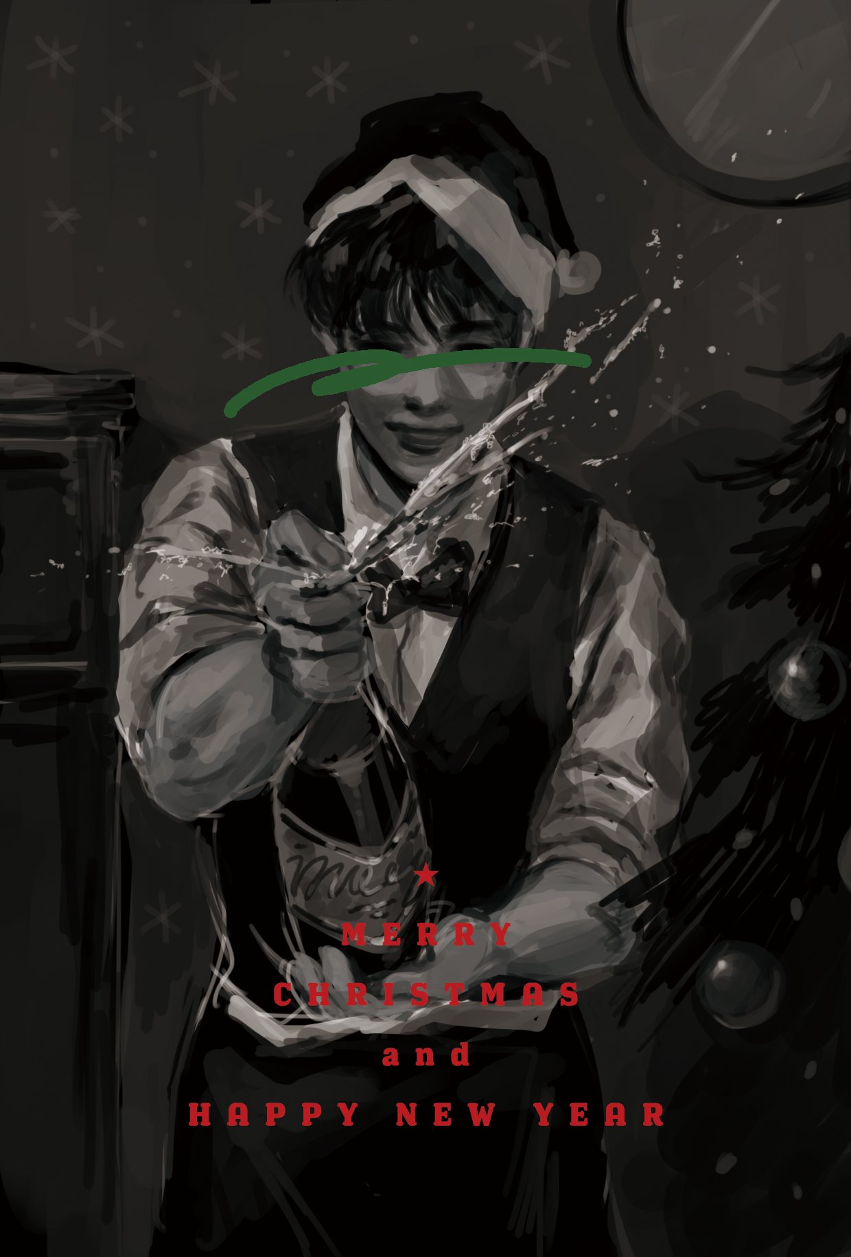 kim dokja, omniscient reader's viewpoint, highres, 1boy, awl inthe world, black hair, black vest, bow, bowtie, bubble, censored, censored identity, champagne bottle, christmas tree, facing viewer, happy new year, hat, male focus, merry christmas, new year, opening bottle, partially colored, santa hat, shirt, short hair, sleeves rolled up, solo, spot color, spraying, table, vest, white shirt