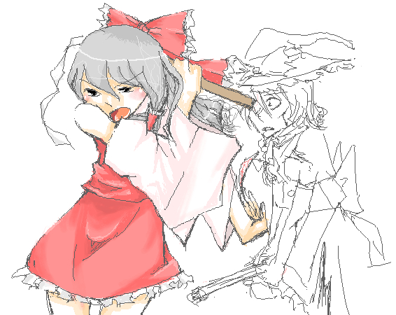 gyoh, hakurei reimu, kirisame marisa, touhou, 2girls, armpits, bad anatomy, black hair, broom, detached sleeves, female focus, gohei, hat, japanese clothes, licking, licking armpit, miko, multiple girls, oekaki, poorly drawn, ribbon, surprised, witch hat