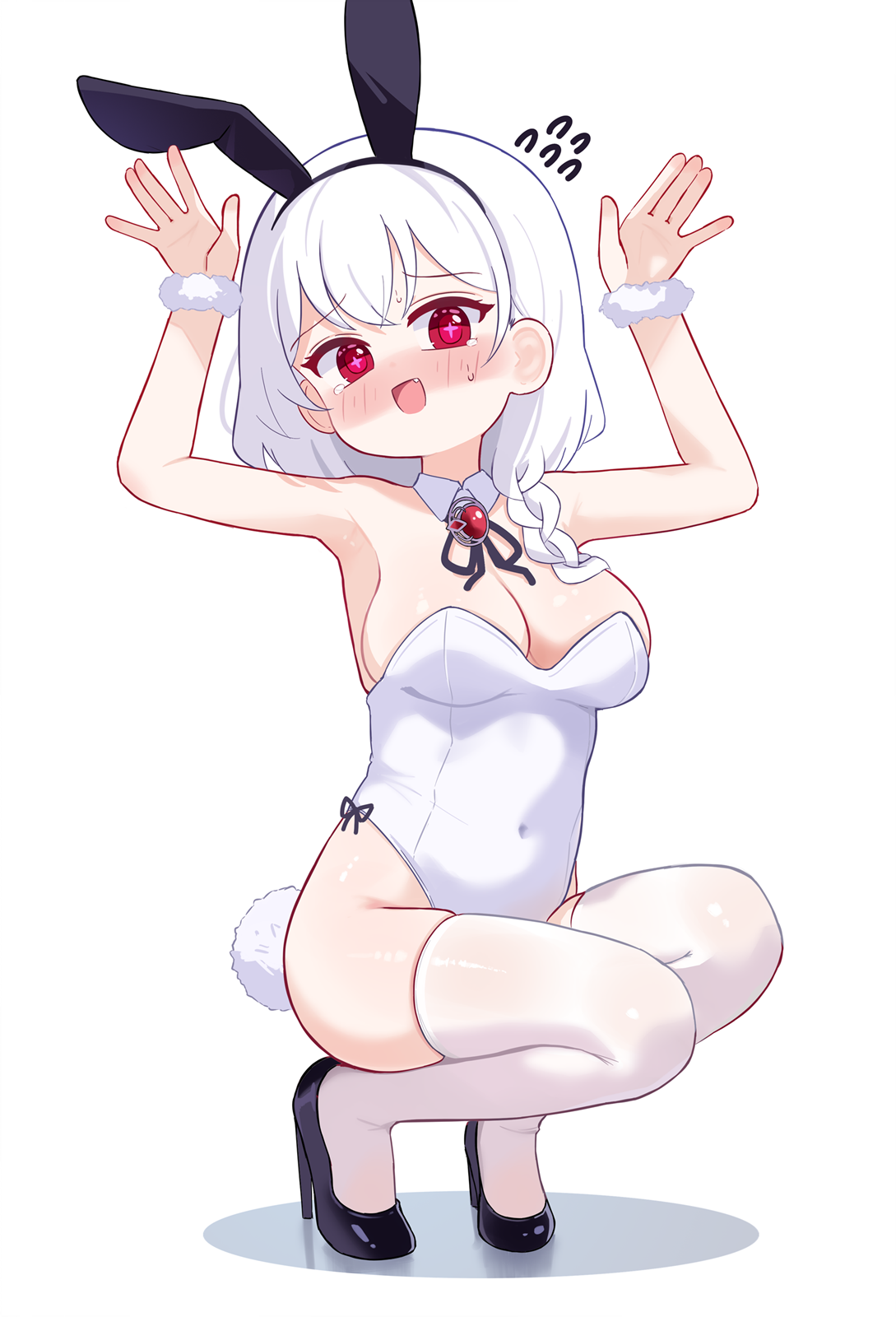 sseopik, original, commentary, commission, english commentary, highres, 1girl, animal ear hairband, animal ears, asymmetrical hair, black ribbon, blush, braid, breasts, cleavage, covered navel, detached collar, fake animal ears, fur wrist cuffs, hairband, large breasts, leotard, neck ribbon, nose blush, playboy bunny, rabbit ears, rabbit tail, red eyes, ribbon, short hair, single braid, smile, solo, strapless, strapless leotard, tail, white hair, white leotard, wrist cuffs