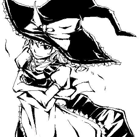gyoh, kirisame marisa, touhou, lowres, 1girl, braid, crossed arms, female focus, greyscale, hat, monochrome, ribbon, solo, white background, witch, witch hat