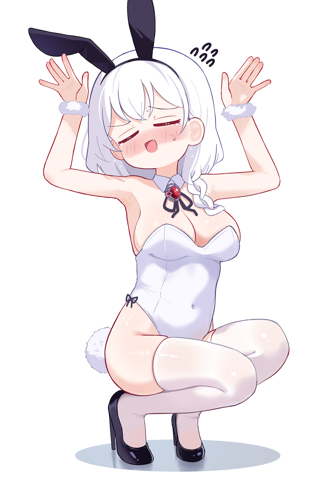 sseopik, original, commentary, commission, english commentary, highres, 1girl, animal ear hairband, animal ears, asymmetrical hair, black ribbon, blush, braid, breasts, cleavage, closed eyes, covered navel, detached collar, fake animal ears, fur wrist cuffs, hairband, large breasts, leotard, neck ribbon, nose blush, playboy bunny, rabbit ears, rabbit tail, ribbon, short hair, single braid, solo, strapless, strapless leotard, tail, white hair, white leotard, wrist cuffs